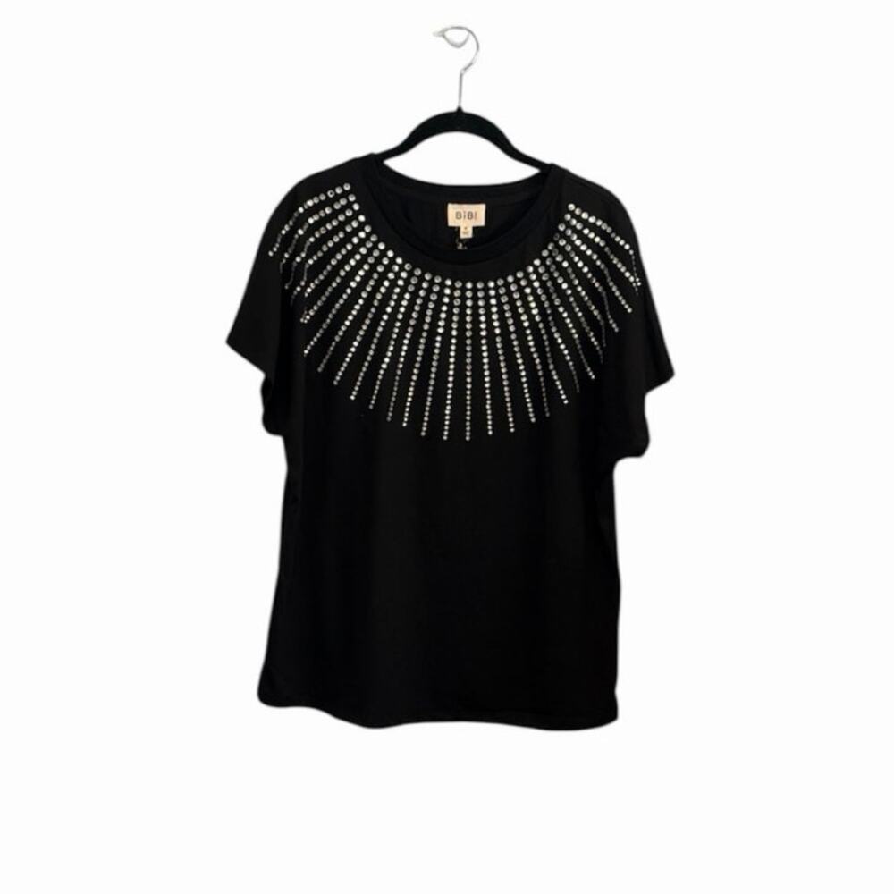 Bibi Black Crystal Neck Short Sleeve T-shirt NWT size Medium Cotton Blend